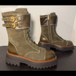 NWOB Vince Camuto Monchia Suede Leather Platform Combat Boots Green Womans 8M